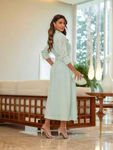 Luxury Ribbed Dress, Casual And Elegant Fabric, With Belt, Button, Pocket, Modest Fashion, Formal And Evening Wedding, Summer - Verde - Ver 2