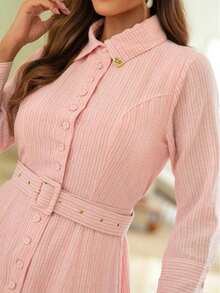 Luxury Ribbed Dress, Casual And Elegant Fabric, With Belt, Button, Pocket, Modest Fashion, Formal And Evening Wedding, Summer - 羅莎 - 查看 3
