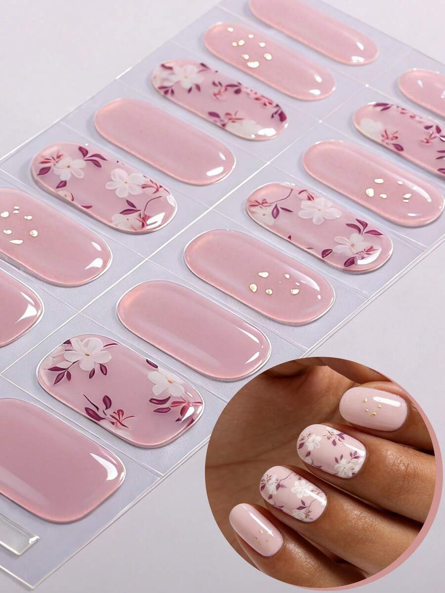 16片粉色金色箔片半固化凝胶美甲贴，花卉清新风格自粘凝胶美甲全贴，易于美甲，沙龙品质，女士居家DIY美甲贴纸。