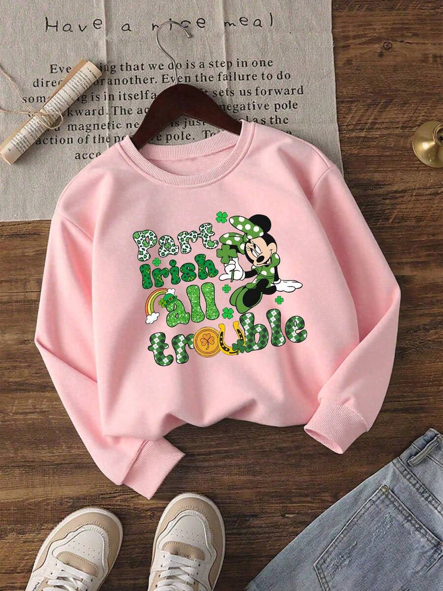 1pc Disney Saint Patrick's Day Minnie Mouse "Part Irish All Trouble" Playful Clover & Rainbow Graphic Tween Girls Cute Cozy Soft Skin-Friendly Versatile Sweatshirt For Saint Patrick's Day Celebrations, School & Casual Outings - Pink - View 1