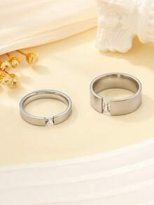 2枚不锈钢（304）银色简约光滑矩形锆石镶嵌情侣戒指 - 銀色 - 查看 4