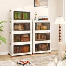 COSTWAY Collapsible Storage Bins With Lids, 3-Pack Stackable Plastic Storage Boxes With Wheels, Foldable Storage Containers Closet Organizer With Front Opening Doors, White - White - View 9