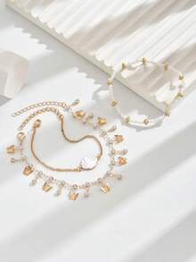 3件套优雅闪亮玻璃水钻蝴蝶流苏脚链，搭配白色米珠，手工串珠饰品，配合金吊坠，适合女性日常佩戴、海滩、派对、音乐节等场合。 - 金色的 - 查看 3