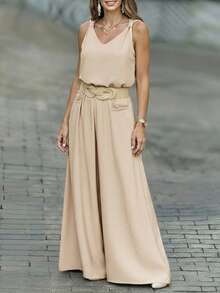 ChicMe 2件套女士V领蝴蝶结无袖背心+阔腿裤套装，休闲优雅，适合日常、商务、派对等场合。 - 杏色 - 查看 3