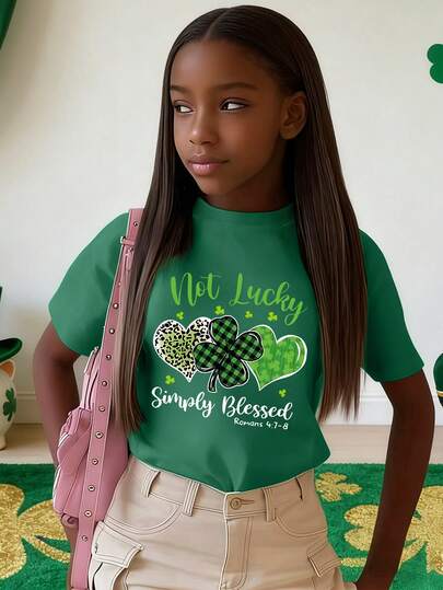 1pc Girls' St. Patrick's Day Themed Clover & Heart Print Round Neck Short Sleeve T-Shirt, Soft & Comfortable, Suitable For Girls' Summer Wear