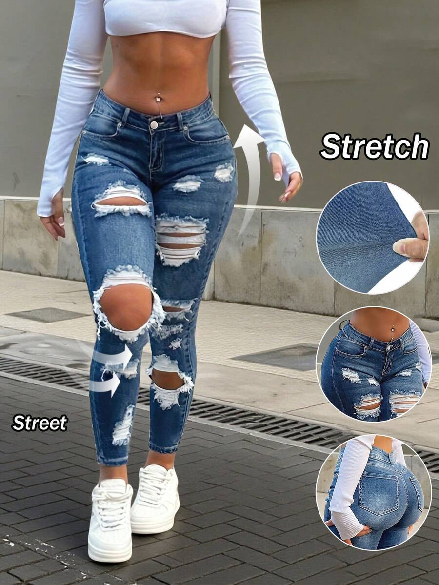 Quần jeans skinny màu xanh đậm phong cách Y2K gợi cảm mùa hè 2026, chất liệu denim co giãn rách nhẹ, thích hợp cho phong cách đường phố thường ngày. - Màu xanh lam - Xem 1