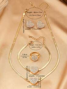 5pcs/Set Elegant Metallic Heart Shaped Rhinestone Pendant Necklace, Bracelet, Earrings, Ring Jewelry Set, Suitable For Teenage Girls Daily & Festival Wear - Yellow Gold - View 5
