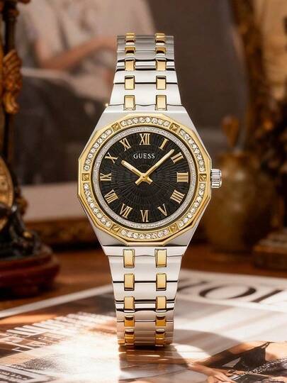 Guess Luxury Dual-Tone Metal Women's Watch, Elegant Crystal-Encrusted Bezel, Fashionable Silver & Gold Stainless Steel Chain Bracelet Watch GW0770L4