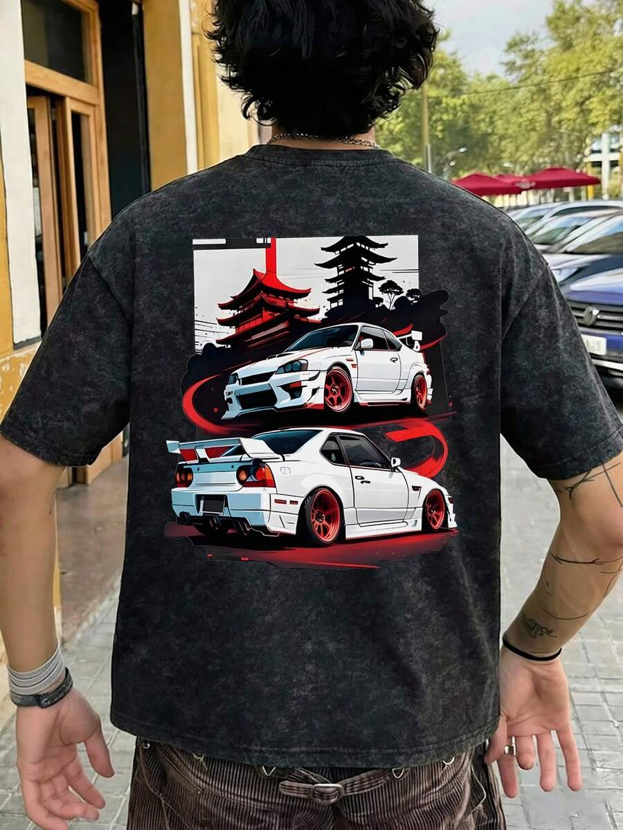 Men's Summer Fashionable Retro Washed Loose Car Element Print All-Match Casual Streetwear, Boyfriend Gift - Black - View 1