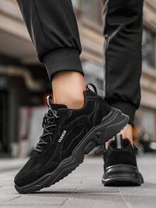 男士个性化时尚黑色皮革拼接字母印花系带运动鞋,舒适休闲街头风情侣鞋,适合青少年 - 黑色 - 查看 8