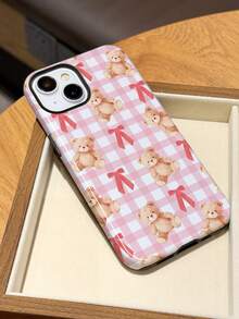 1pc Cute Cartoon Bear Bow Retro Plaid Pattern Glossy 2-In-1 Filmic Hard Phone Case, Suitable Compatible With Samsung/ 11/12/13/14/15/16/17 Pro Max - Multicolor - View 4