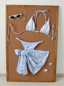 新款夏季沙滩女士性感优雅休闲比基尼套装，饰有仿珍珠装饰的挂脖系带，浅蓝色泳衣搭配同色迷你裙，是沙滩、度假、派对的必备单品 - 淺藍色 - 查看 3