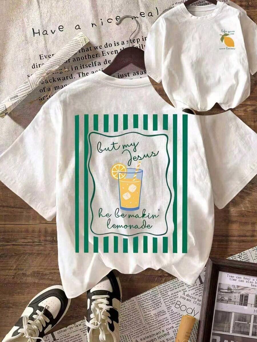 [100% Cotton] TaggedThreads Jesus Lemonade Shirt, But My Jesus He Be Makin' Lemonade, Graphic Tee For Women, Casual Round Neck Short Sleeve T-Shirt, Cozy Summer & Fall & Winter Styles Short Sleeve Tops - Unisex Women's & Men's Campus Daily Wear - 白色 - 查看 1