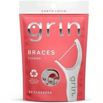 GRIN Braces Flosser, Floss Picks Designed For Braces, 60 Count, Dental Flossers,  Plastic, Ortho Approved, Premium Thin Floss, Includes Handy Wax Scraper And Pick