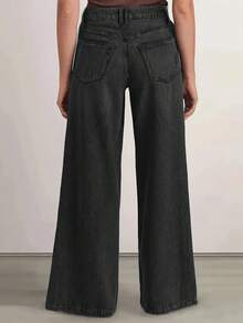 新款时尚女式宽松弹力腰阔腿牛仔裤，高品质休闲服饰，春季款 - 黑色 - 查看 3