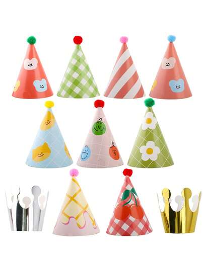 11件套迷你派对帽套装，包含2个纸质皇冠、带绒球的彩色迷你生日帽，可爱樱桃图案，适合生日派对、单身派对、拍照道具和餐桌装饰，成人和宠物均可佩戴。