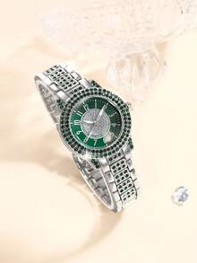 Women's Watch Set, Fashionable Round Dial Quartz Watch With Rhinestone Inlaid, Including Necklace, Earrings, Bracelet, Ring For Daily Wear, Birthday Gift, Party, Holiday Gathering, Excluding Gift Box - Silver - View 3