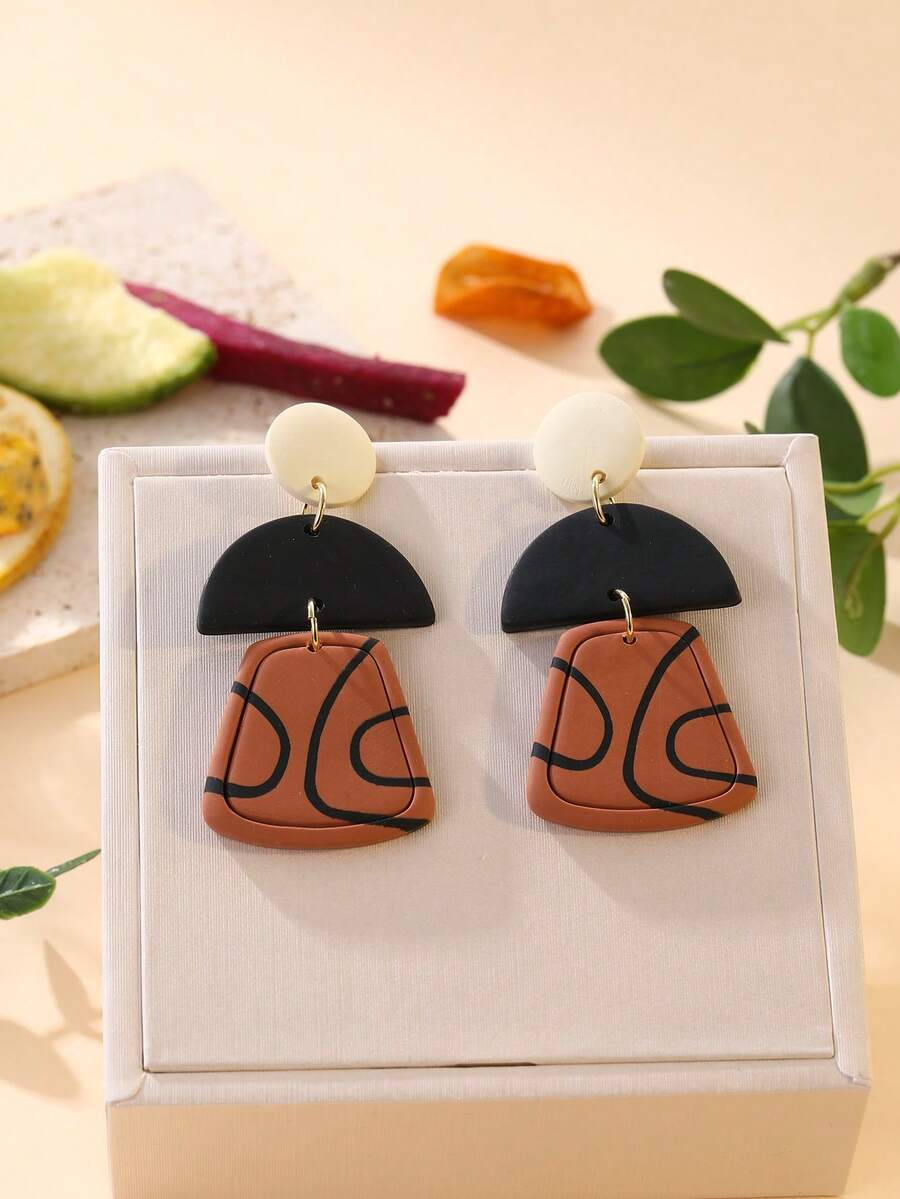 一对手工制作的别致黑色条纹梯形吊坠耳环，夸张设计，百搭高端，适合度假、海滩、派对和日常佩戴。 - 彩色 - 查看 1