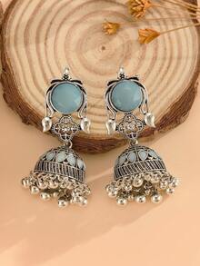 1 Pair Earrings, Elegant Rhinestone Encrusted Regal Style Earrings With Bell, Bead & Tassel Drops, Suitable For Women & Girls Everyday, Festivals, Weddings And Parties/Jewelry Gift - Jhumka - View 4