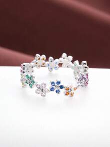 1枚优雅花卉圆形设计立方氧化锆镶嵌时尚戒指，女士节日礼物 - 彩色 - 查看 9