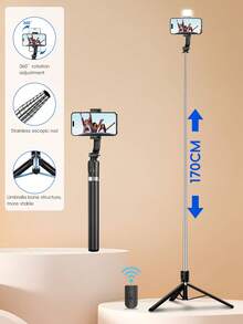 1.7m Bluetooth Remote Control Selfie Stick With Phone Holder, LED Light Design. Portable Tripod Handheld/Tabletop Selfie Stick, 360° Rotation, Anti-Shake, Foldable. - one-size - View 2