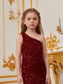 Vestido de sirena con lentejuelas sin hombro y espalda descubierta para fiesta de niña preadolescente - Burdeos - Ver 3