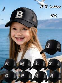 1PC Mesh Letter Embroidery Mesh Baseball Cap Boys Girls Outdoor Adjustable Casual Hats Boy Girl Travel Sunscreen Hat 8-14Y - Black - View 1