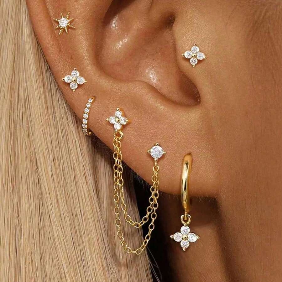 6件套铜镀金闪亮锆石百搭经典时尚耳环，女士款 - 梅花鋯石 - 查看 1