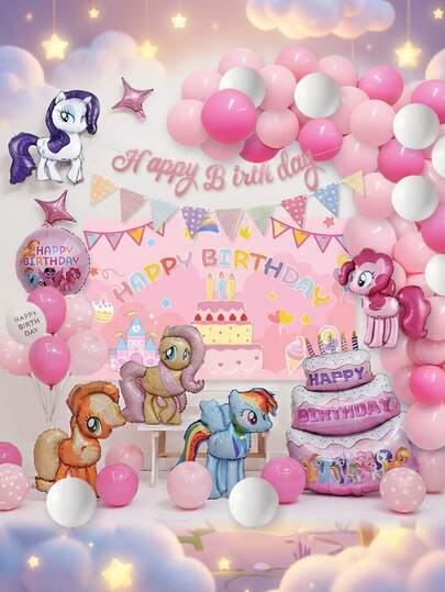 Hasbro 66PCS  Officially Licensed  Balloon Set Applejack Rainbow Dash Fluttershy Rarity Pinkie Pie Cute Cartoon Style Decoration Carnival Party Good Photo Taking Background Birthday Christmas Decorations Party Supplies