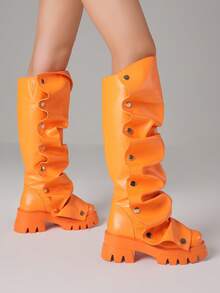 Women Mid Calf Boots Platform Heels Ruch Boots Knee High Fold Over Chunky Heel Short Booties Round Toe Wide Calf Pull-On Shark Boots Daily Party Y2K Dress Boots For Woman - Cam A - Xem 4