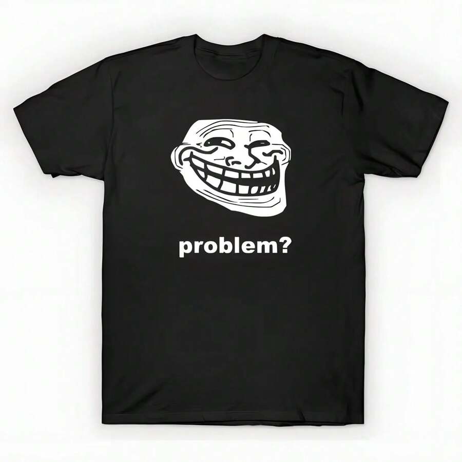 % Cotton Oversized Printed-Shirt Unisex, Solid Black Casual Graphic Tee, Summer Essential Layering Top, S-3XL Troll Face Problem White V1 - Troll Face - 黑色 - 查看 1