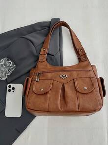 1件复古大容量手提包，复古PU单肩斜挎包，女士休闲托特包兼钱包 - 棕色 - 查看 4