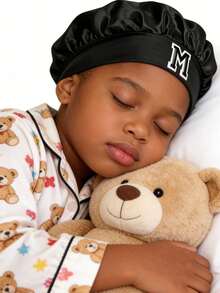 1 Pc A-Z Letter Hats Kids' Bonnet Hat Set Elastic & Printed & Comfortable Headwear Sleeping Cap - Black - View 2