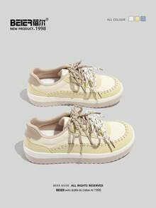 BEIER Casual New Fashion Versatile Leather Casual Shoes, Women Round Toe Flat Lace-Up Sneakers - Yellow - View 6