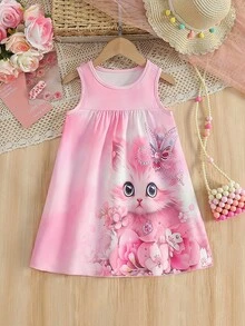 4-7 Years Old Girls' Sleeveless Dress, Super Cute Cat Print Loose Casual Sleeveless Dress, Suitable For Summer Daily Wear, Casual Sports, Parent-Child Outings - Pink - View 3