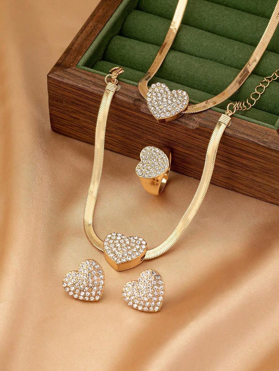 5pcs/Set Elegant Metallic Heart Shaped Rhinestone Pendant Necklace, Bracelet, Earrings, Ring Jewelry Set, Suitable For Teenage Girls Daily & Festival Wear - Yellow Gold - View 1