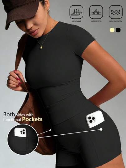 TCVC 女士时尚纯色高弹亲肤修身运动套装，2件套 - 高腰口袋短裤（蜜桃臀塑形）和修身透气运动T恤，适合瑜伽、跑步、骑行、健身房锻炼，黑色