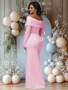 JustVH Maternity Colorblock Mesh Off-Shoulder Dress, Ruched Fishtail Hem, Suitable For Baby Shower, Elegant Stretchy Dress For Photoshoot - Pink - View 2