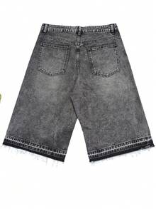 Men's Luxury American Street Style Accent Ankle Design Grey Washed Loose Fit Denim Capri Shorts - Grey - View 3