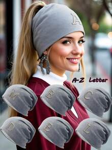 1Pc A-Z Pearl Alphabet New Stylish European & American Knitted Ponytail Hat For Women, Versatile & Warm Outdoor Beanie - Grey - View 1