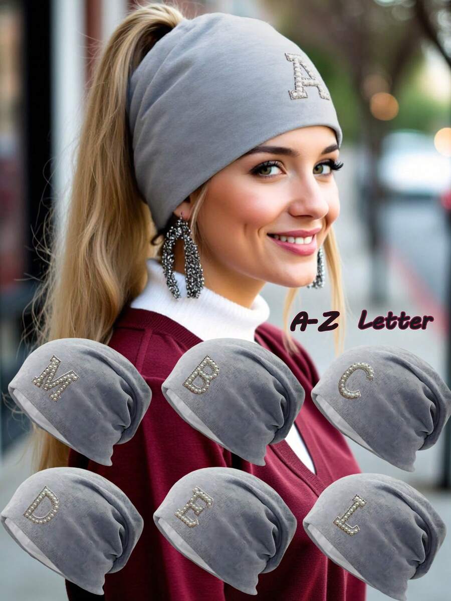 1Pc A-Z Pearl Alphabet New Stylish European & American Knitted Ponytail Hat For Women, Versatile & Warm Outdoor Beanie - Grey - View 1