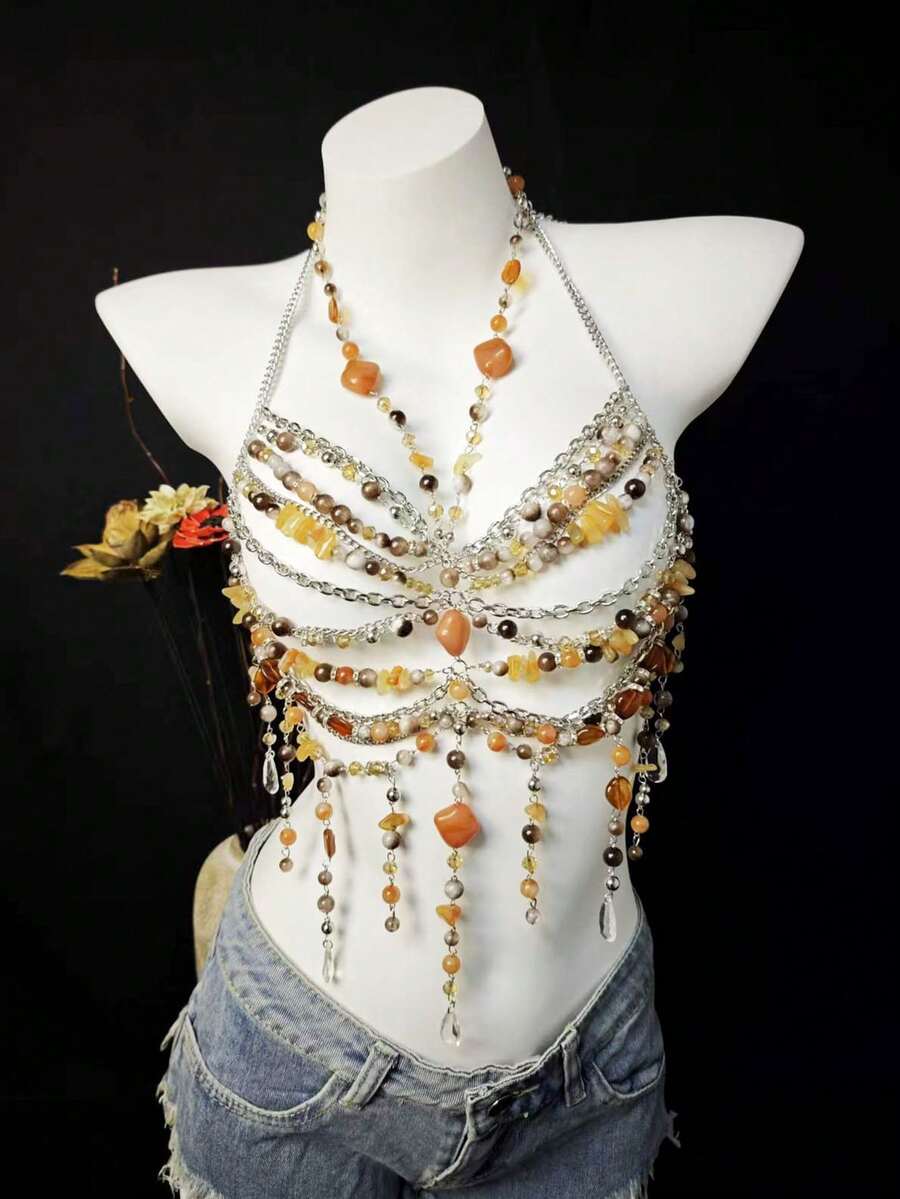 2026 Spring/Summer New Chiffon Shawl, Bikini Accessories, Unisex Body Chain, Sexy Pearl Chest Chain Lingerie, Exotic Transparent Bra Decor For Beach, Party, Holiday, Music Festival - 棕色 - 查看 1