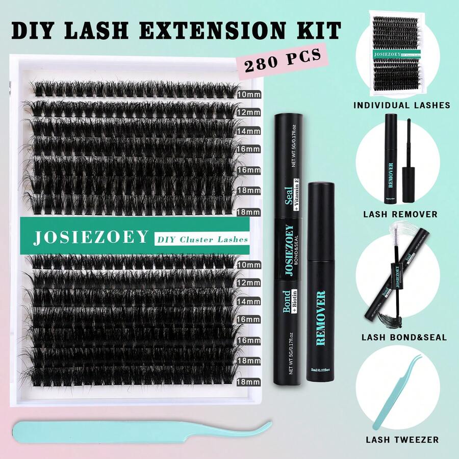 JOSIEZOEY Fluffy Lash Clusters Kit 60D+80D DIY Lash Extension Kit With 10-18MM Thick Individual Lashes Cluster Lash Bond And Seal Remover Tweezers For Eyelash Extension At Home(KIT-60D+80D-280Pcs) - 68FK - View 1