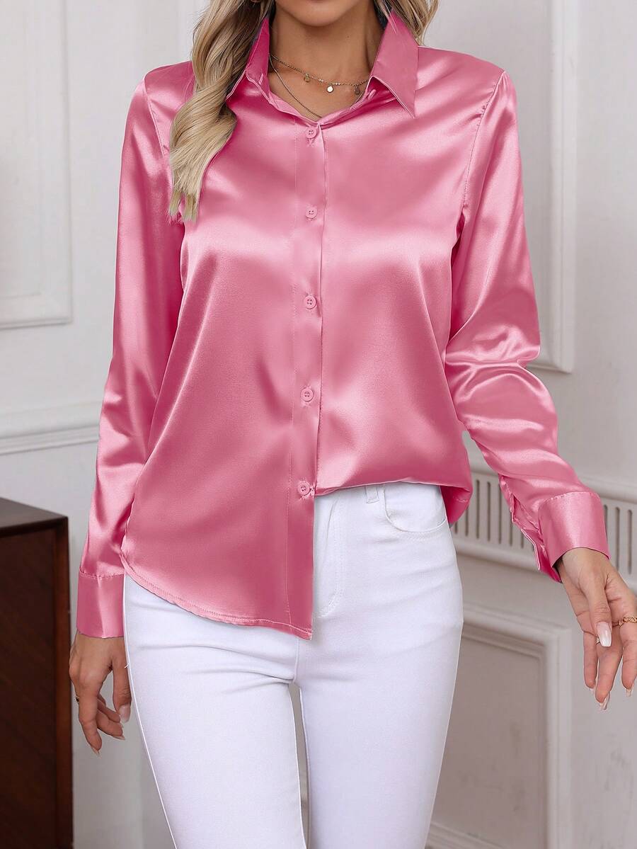 2026 Nueva camisa de manga larga con botones de unicolor elegante, blusa de trabajo clásica para mujeres en primavera - Rosado Sandía - Ver 1