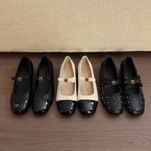 Vintage Starry Rivet Hidden Wedge Single Shoes Women 2026 Spring New Slimming One-Strap Square-Toe Mary Jane Shoes - Cam Đen - Xem 5
