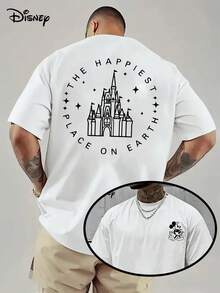 Disney Authorized Men's "Disneyland" Castle Slogan T-Shirt, Disney Castle Line Draft With "The Happy Pla On Earth" Slogan+Star Elements Appeared, Cotton Fabric Washable And Easy To Take Care Of, Suitable For Paradise Trips, Leisure Trips, Daily Commuting And Other Scenes, The Theme Atmosphere Of The Park Is Full. - White - View 1