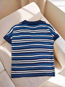 Striped Collar Elegant Casual Vacation V-Neck T-Shirt, Suitable For Beach, Daily, Street, Commute - Blue - View 9
