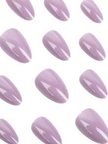 24pcs Spring Retro Casual Elegant Cute Gray-Purple Cat Eye Almond Shaped Disposable False Nail Stickers Set, Suitable For Elegant Women For Daily Life And Shopping - Dusty Purple - View 7