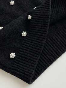 女士优雅衬衫，女士珍珠细节针织毛衣，圆领无袖背心，简约衬衫 - 黑色 - 查看 5