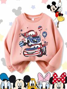Disney Cars Lightning McQueen And Mater Patriotic USA Flag 4th Of July Comfortable Print Young Girls' Long Sleeve Sweatshirt, Suitable For Autumn/Winter, Lightweight And Cozy, Great For Layering In Fall, Fashionable Casual Wear, Graphic Design, Back To School Season, Autumn, Back To School Party, Suitable For Outdoor Picnic, Street Photography, Home, Campus, Holidays, New Year Gift - Pink - View 1